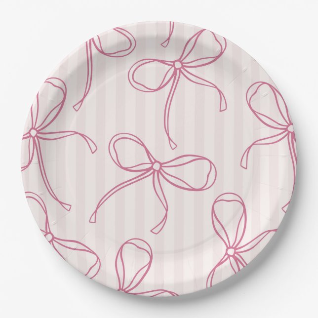 Pink Coquette Bow Pastel Striped Table Decor Paper Plates (Front)