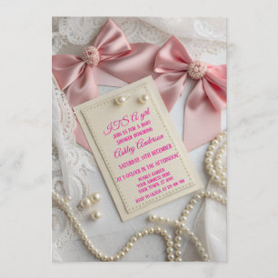 Pink Coquette Bow Pearl Elegant Ribbon Party Invitation