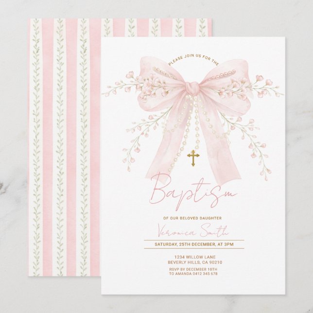 Pink Coquette Bow Pearls Baptism Christening Invitation (Front/Back)