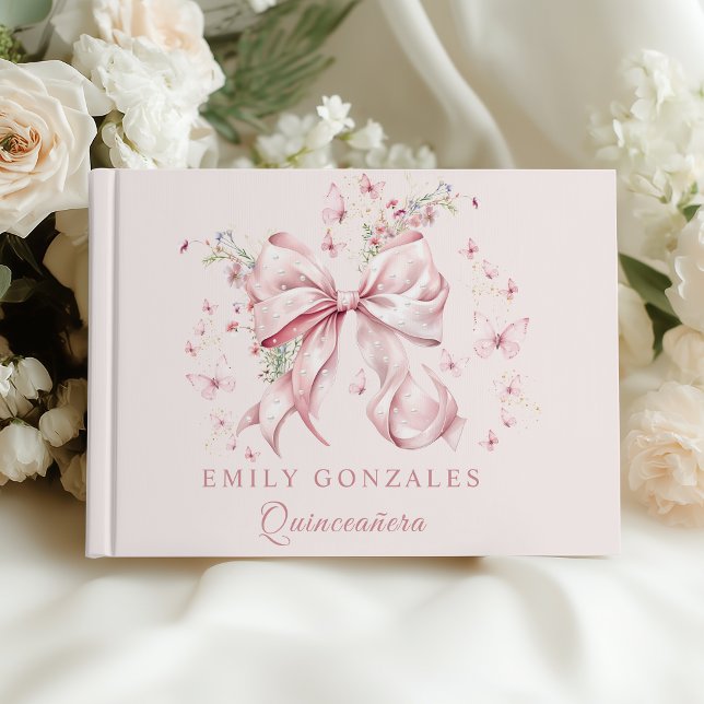 Pink Coquette Bow Pearls Quinceañera Birthday  Guest Book (Pink Bow Pearls quinceañera guest book)