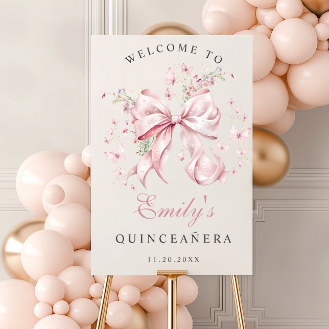 Pink Coquette Bow Pearls Quinceanera Welcome Sign (Pink Coquette Bow and Pearls welcome sign)