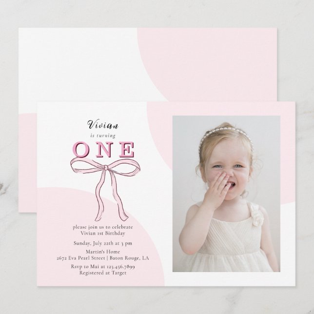 Pink Coquette Bow Photo 1st birthday Invitation (Front/Back)