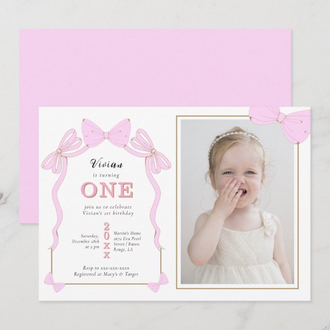 Pink Coquette Bow Photo 1st birthday Invitation (Front/Back)