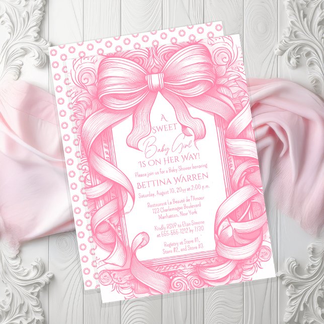 Pink Coquette Bow Ribbon Toile de Jouy Baby Shower Invitation (Pink Coquette Bow and Ribbons Toile de Jouy Girl Baby Shower Invitation - Print | Digital Download)