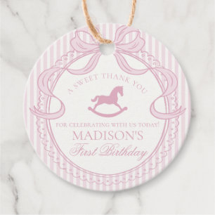 Pink Coquette Bow Rocking Horse Birthday Circle Favor Tags