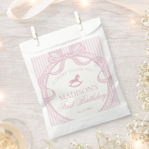 Pink Coquette Bow Rocking Horse Birthday Dessert Favor Bag