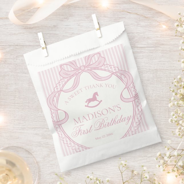 Pink Coquette Bow Rocking Horse Birthday Dessert Favor Bag (Clipped)