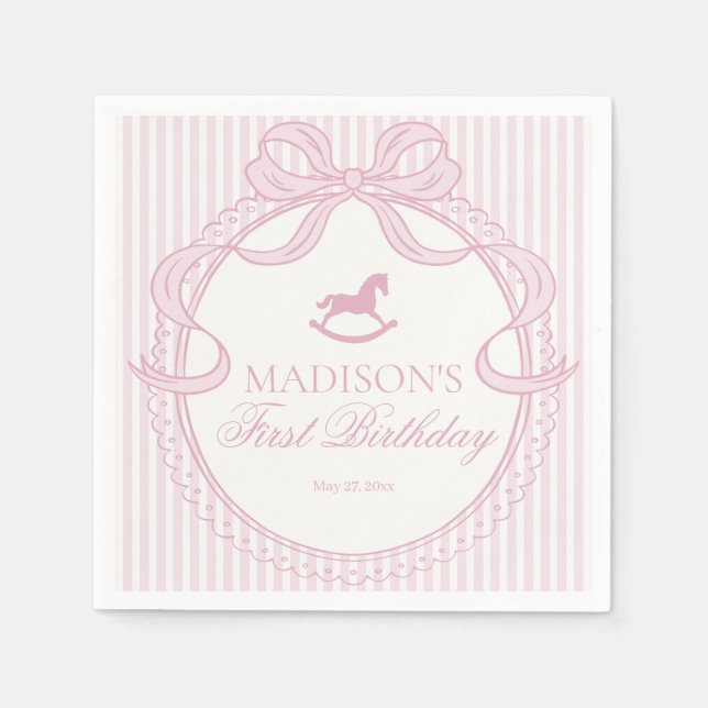 Pink Coquette Bow Rocking Horse Birthday Dessert Napkins (Front)