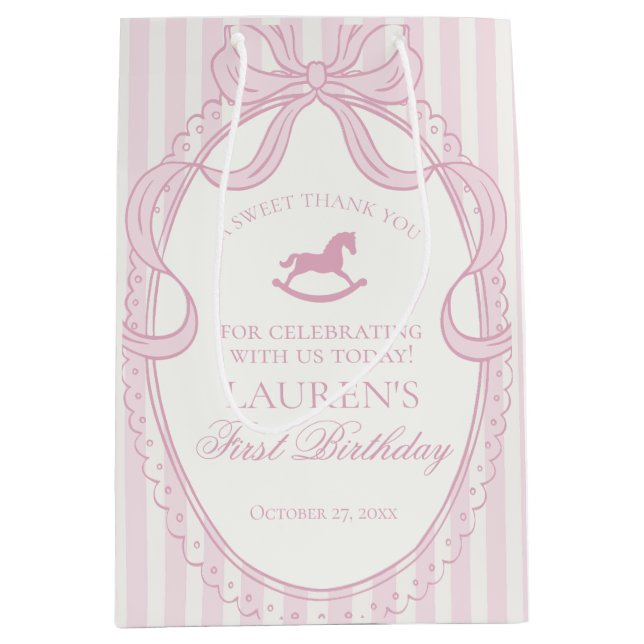 Pink Coquette Bow Rocking Horse Birthday Favors Medium Gift Bag (Front)