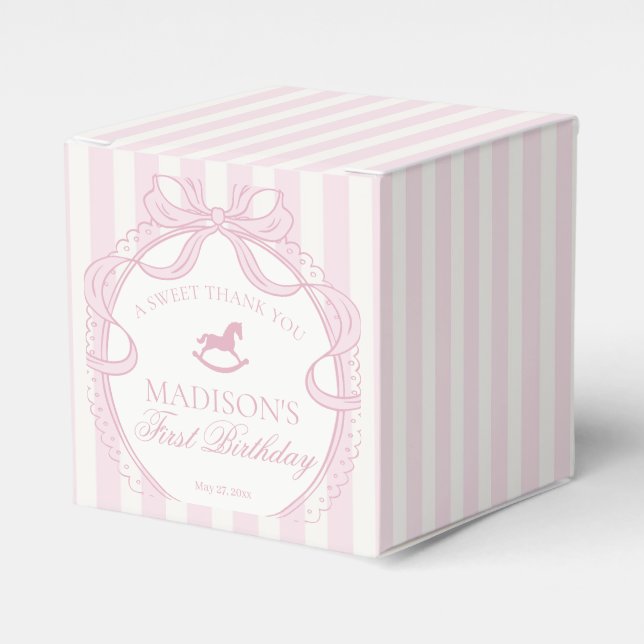 Pink Coquette Bow Rocking Horse Birthday Party Favor Boxes (Front Side)