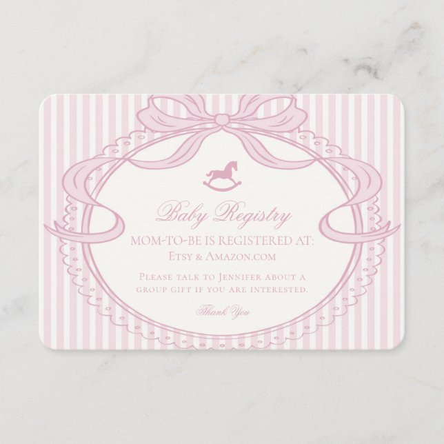 Pink Coquette Bow Rocking Horse Registry Enclosure Card (Front)