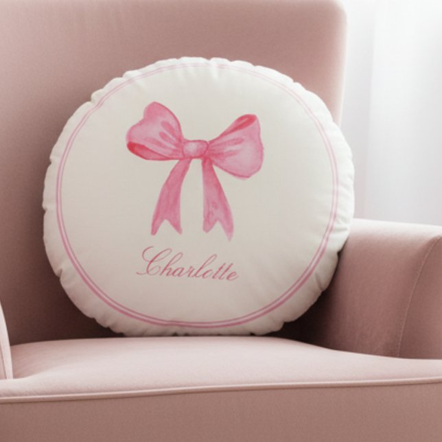 Pink Coquette Bow Round Pillow (cute sweet pink bow round pillow for girly coquette home decor, great gift for teen girls)