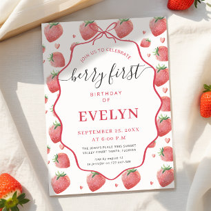 Pink Coquette Bow Strawberry Berry First Birthday Invitation