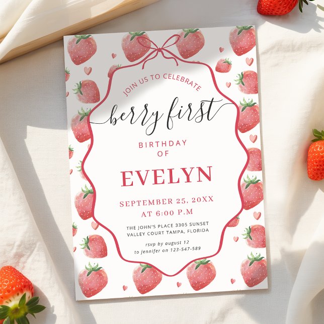 Pink Coquette Bow Strawberry Berry First Birthday Invitation (Creator Uploaded)