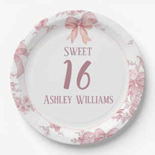 Pink Coquette Bow Sweet 16 Birthday Paper Plates