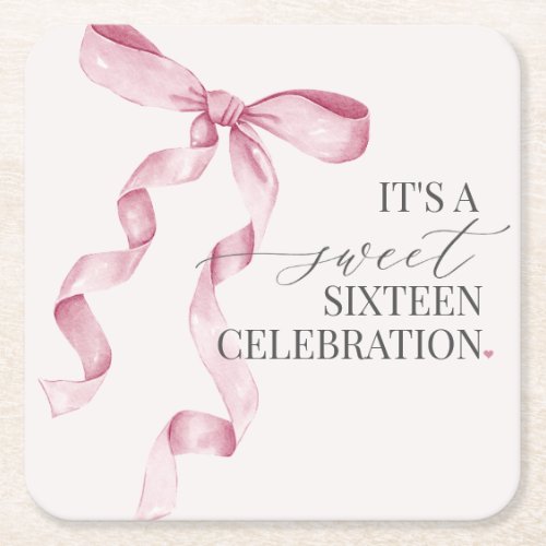 Pink Coquette Bow Sweet 16 Birthday Party Decor Square Paper Coaster