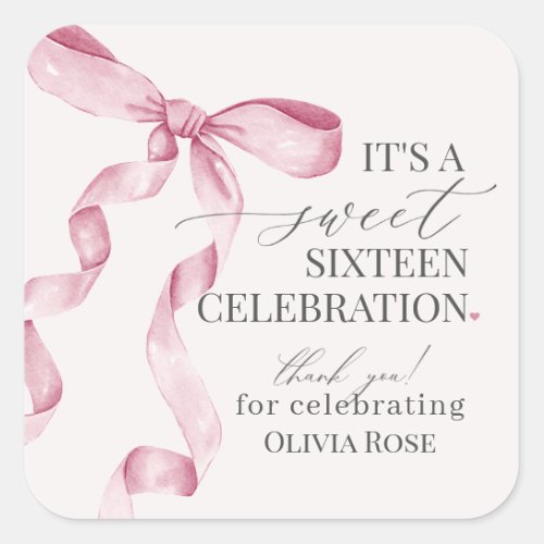 Pink Coquette Bow Sweet 16 Birthday Party Favor Square Sticker