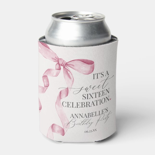 Pink Coquette Bow Sweet 16 Birthday Party Favors Can Cooler (Can Front)