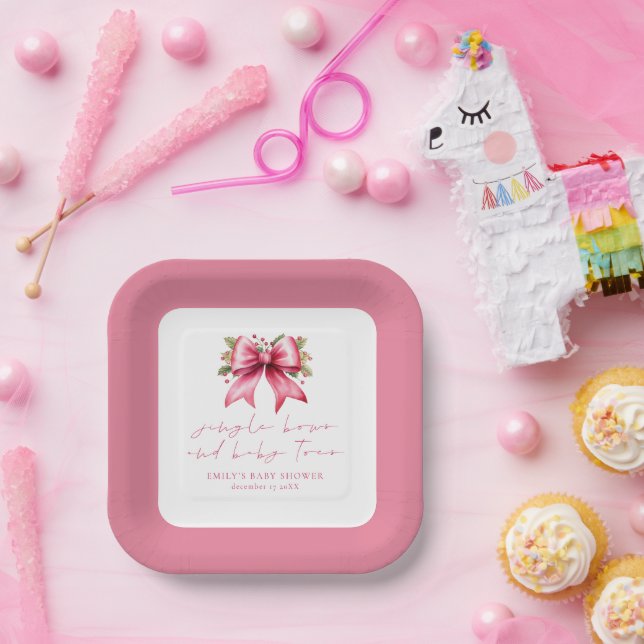 Pink Coquette Bow Tiny Toes Christmas Baby Shower  Paper Plates (Party)