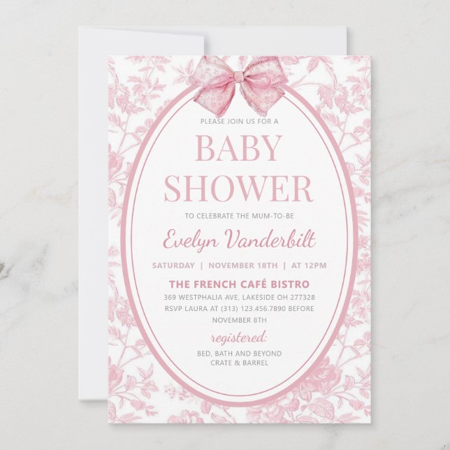 Pink Coquette Bow Toile Chinoiserie Baby Shower Invitation (Front)
