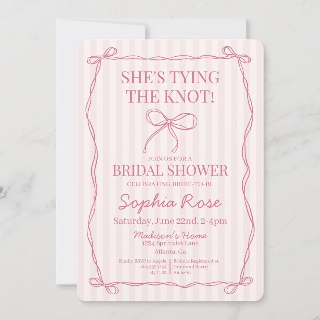 Pink Coquette Bow Tying the Knot Bridal Shower Invitation (Front)