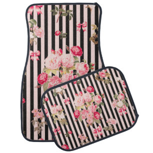 Pink Coquette Bow Vintage Roses Black Stripes Car Floor Mat