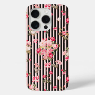 Pink Coquette Bow  Vintage Roses Black Stripes iPhone 15 Pro Case