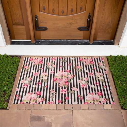 Pink Coquette Bow Vintage Roses Black Stripes Doormat