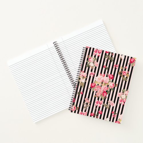 Pink Coquette Bow  Vintage Roses Black Stripes Notebook