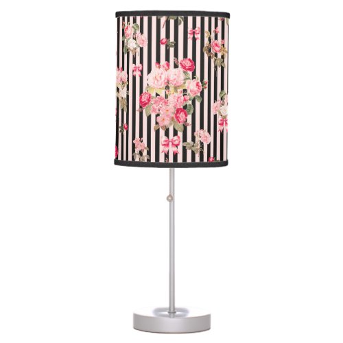 Pink Coquette Bow Vintage Roses Black Stripes Table Lamp