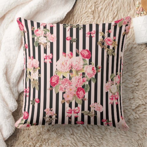 Pink Coquette Bow  Vintage Roses Black Stripes Throw Pillow
