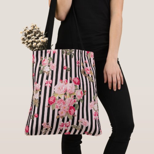 Pink Coquette Bow  Vintage Roses Black Stripes Tote Bag