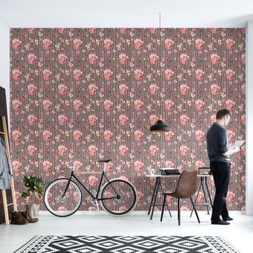Pink Coquette Bow  Vintage Roses Black Stripes Wallpaper
