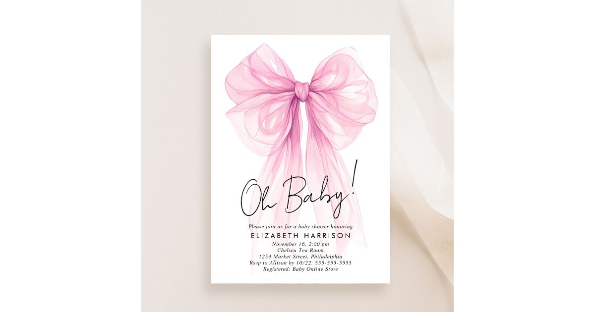 Pink Coquette Bow Watercolor Baby Girl Shower Invitation | Zazzle