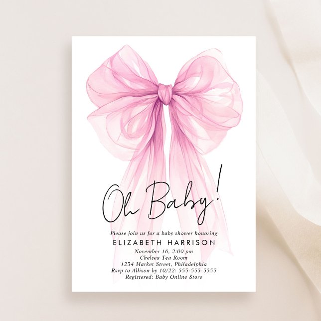 Pink Coquette Bow Watercolor Baby Girl Shower Invitation (Celebrate the upcoming arrival of your baby girl with a beautiful baby shower invitation)