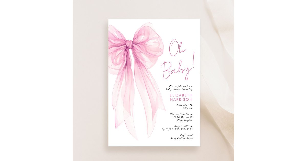 Pink Coquette Bow Watercolor Baby Girl Shower Invitation | Zazzle