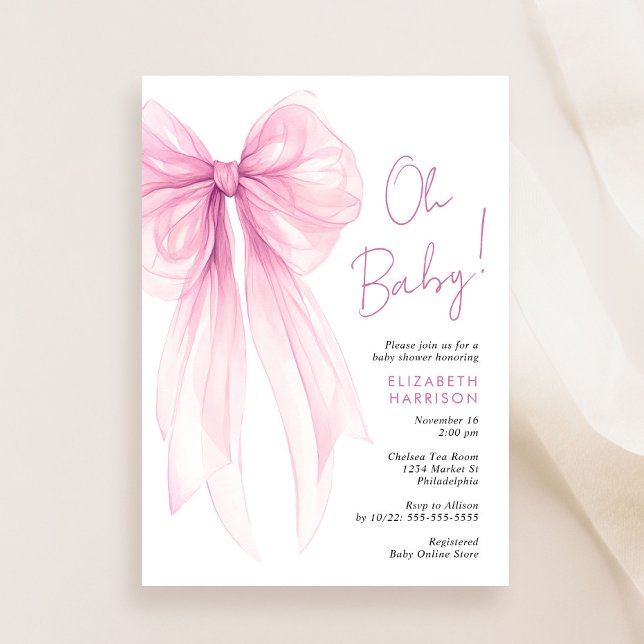 Pink Coquette Bow Watercolor Baby Girl Shower Invitation (Celebrate the upcoming arrival of your baby girl with a beautiful baby shower invitation)