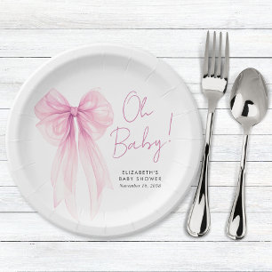 Pink Coquette Bow Watercolor Baby Girl Shower Paper Plates