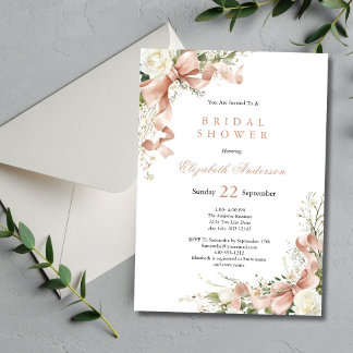 Pink Coquette Bow Watercolor Floral Bridal Shower Invitation