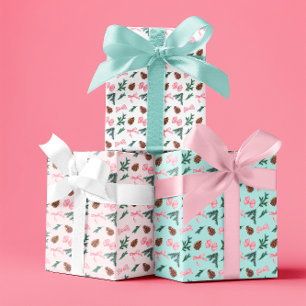 Pink Coquette Bows and Evergreen Pine Boughs Wrapping Paper Sheets
