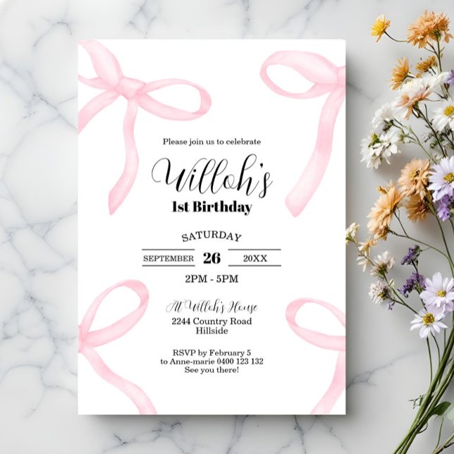 Pink Coquette Bows Birthday Invitation (Coquette 1st Birthday invitation. Modern invitation with watercolor baby pink bows)