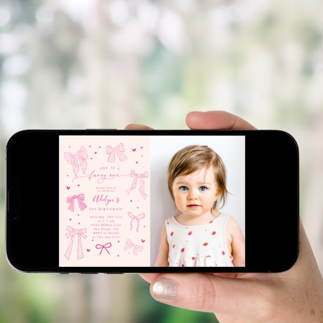 Pink Coquette Bows Fancy ONE Birthday Party Photo Invitation (Front Digital)