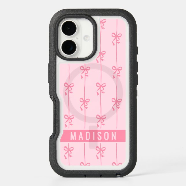 Pink Coquette Bows Modern Personalized Name Girly Otterbox iPhone Case (Back)