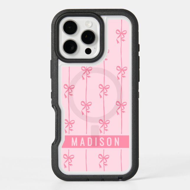 Pink Coquette Bows Modern Personalized Name Girly Otterbox iPhone Case (Back)
