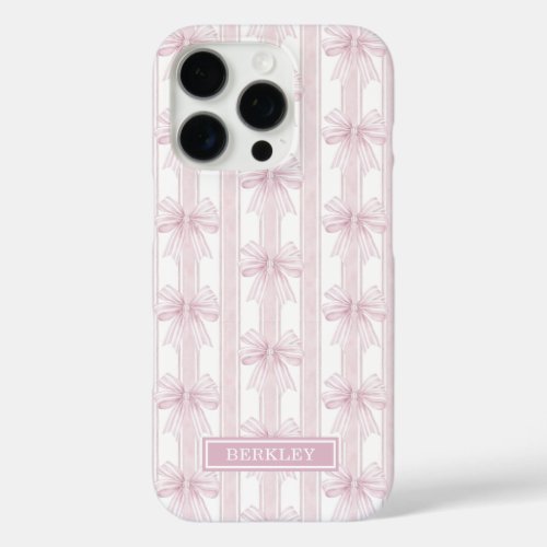 Pink Coquette Bows on Stripes Monogrammed iPhone 16 Pro Case