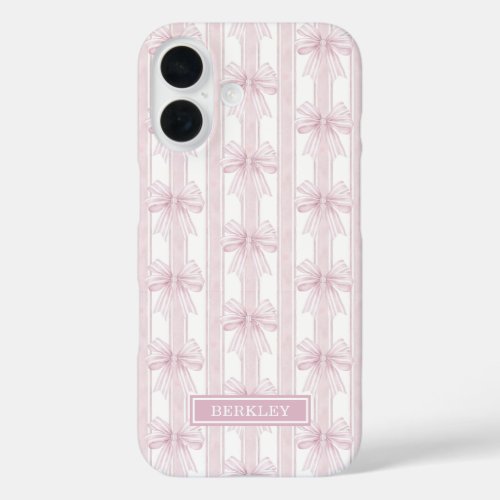 Pink Coquette Bows on Stripes Monogrammed iPhone 16 Case
