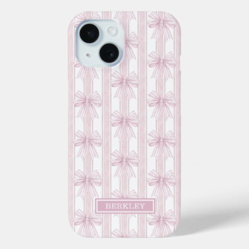 Pink Coquette Bows on Stripes Monogrammed iPhone 15 Case