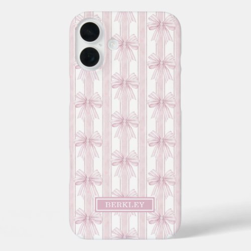 Pink Coquette Bows on Stripes Monogrammed iPhone 16 Plus Case