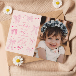 Pink Coquette Bows ONEderful Birthday Party Photo Invitation