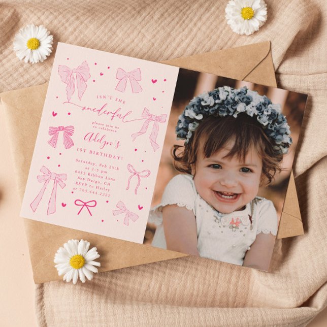 Pink Coquette Bows ONEderful Birthday Party Photo Invitation (Creator Uploaded)